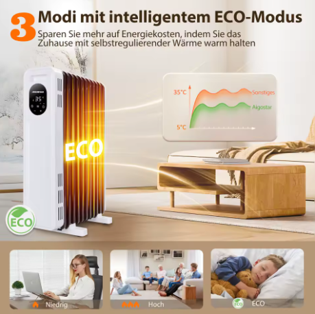 Aigostar Radiateur à Huile 2300W – 11 Ailettes, Télécommande, 3 Modes, Thermostat & Minuterie 24h