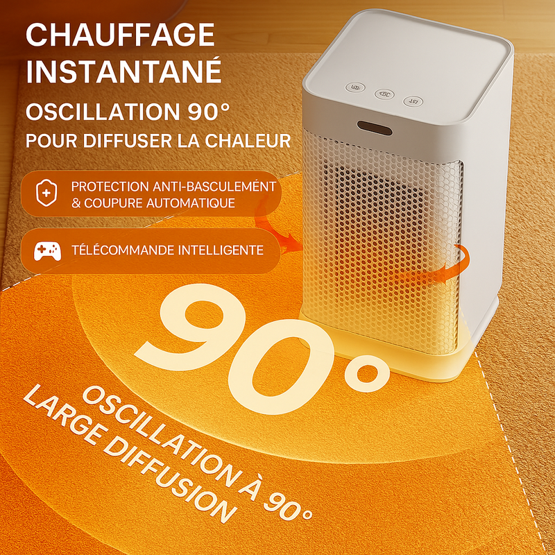 Chauffage d’Espace Portable 1200W – Céramique PTC, Chauffage Rapide, Oscillation, Télécommande & Minuterie