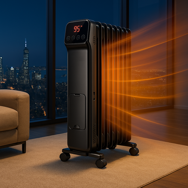 Radiateur à Huile Silencieux avec Thermostat Numérique – Portable, Programmable 24h & Sécurité Anti-Surchauffe